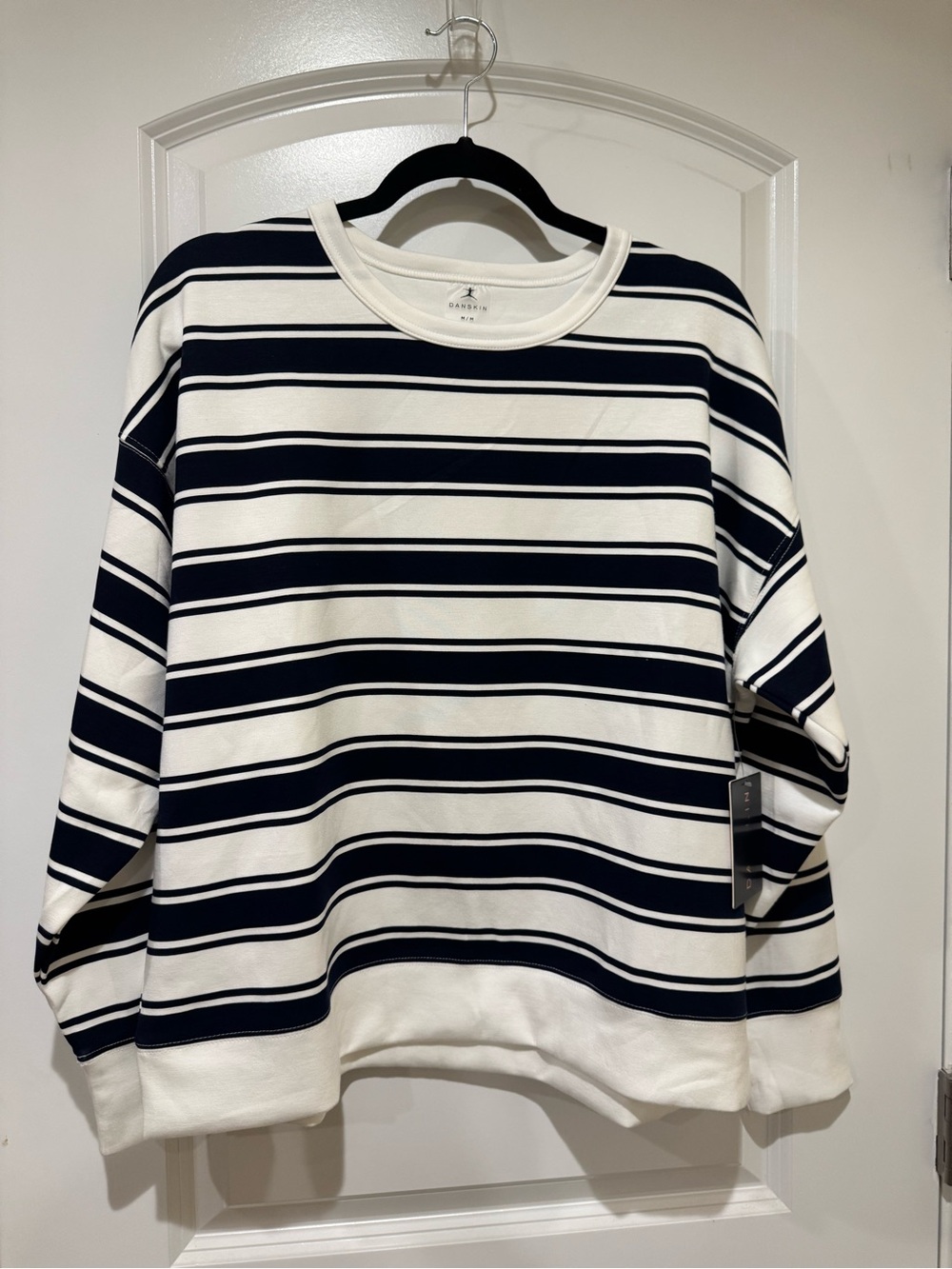 Danskin White and Navy Striped Pullover Sweatshirt